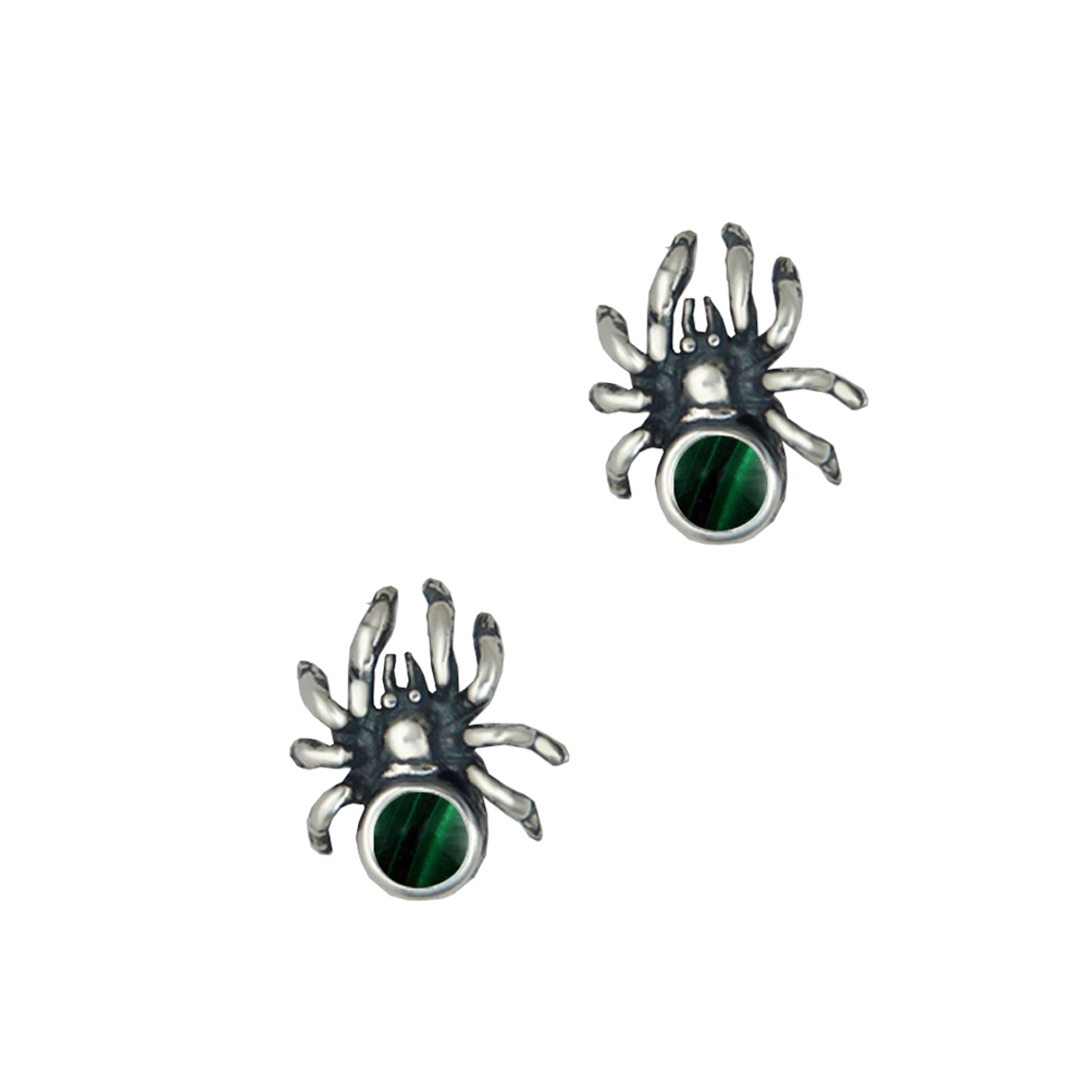 Sterling Silver Small Spider Post Stud Earrings With Malachite